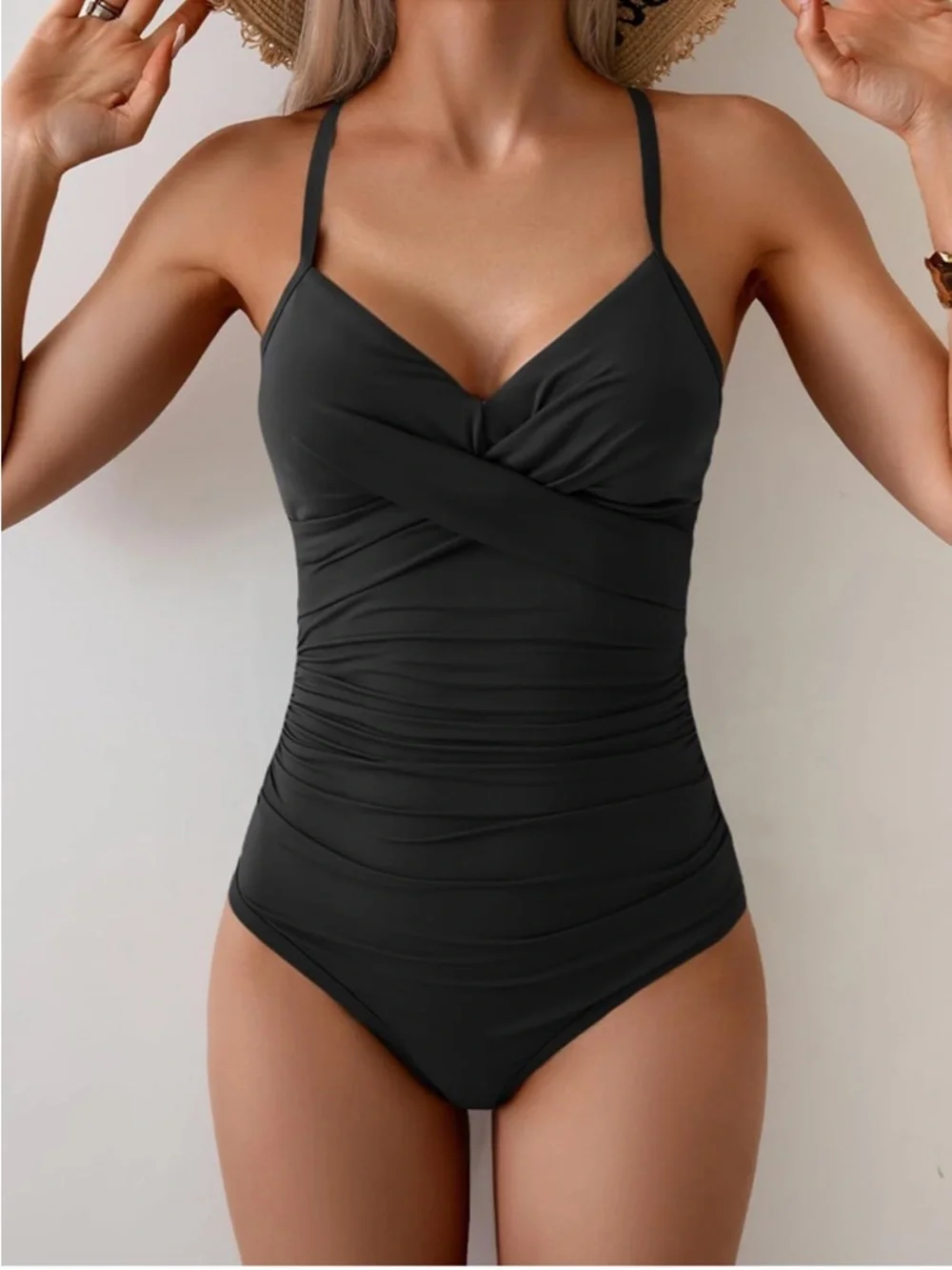 Eomenie Black One Piece Swimsuit Ruched Tummy Control Tie Back SZ M NEW